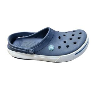Crocs mens‎ size 7 women’s size 9 GUC navy croc spell out